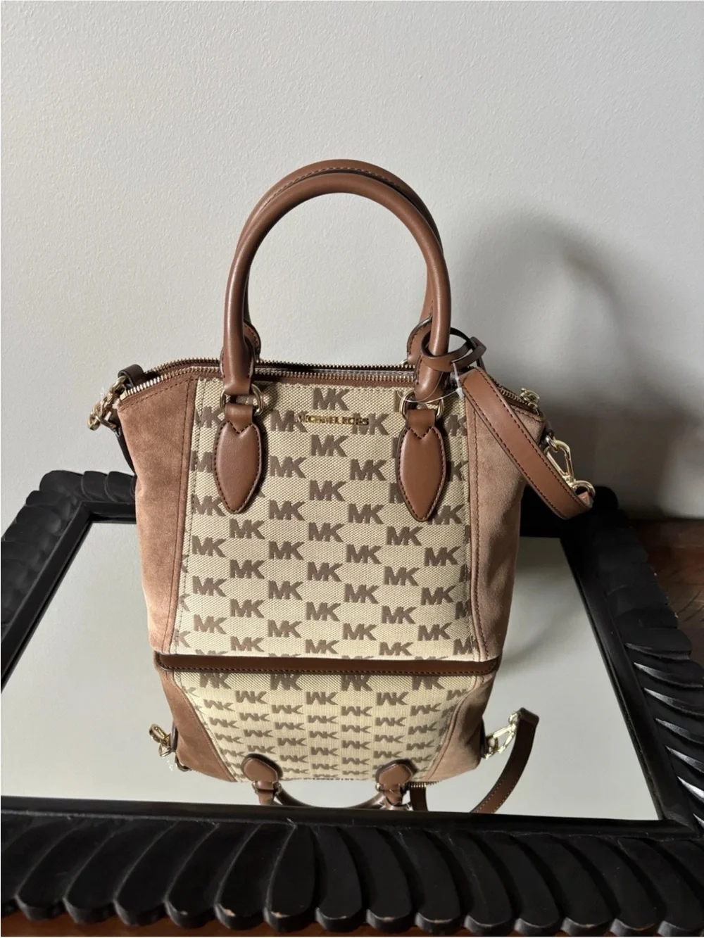 Michael Kors Tan and Brown MK Logo Satchel with Suede Panels
